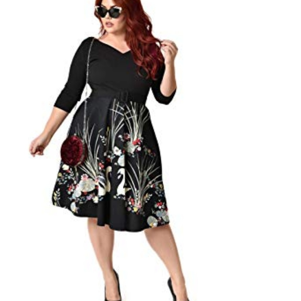Unique Vintage 3/4 sleeve black swan pinup dress